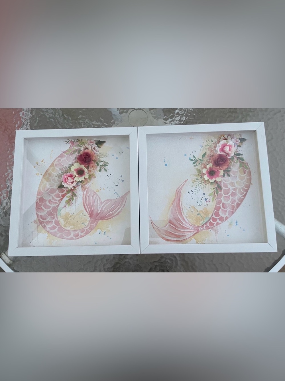 Floral Pink Mermaid Tail Wall Art - White Frame
